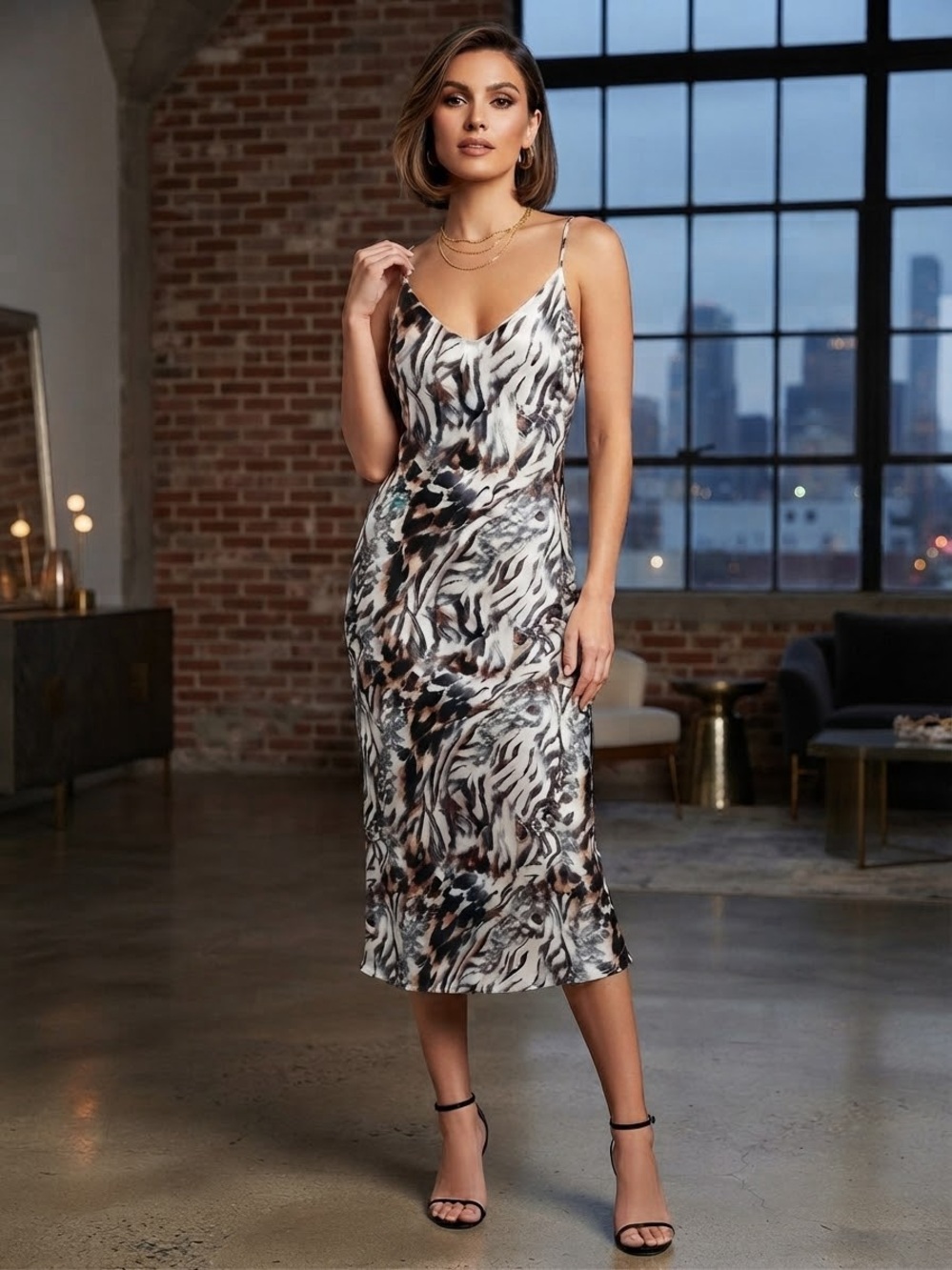Leopard-Print Satin Midi Slip Dress in Black and Brown